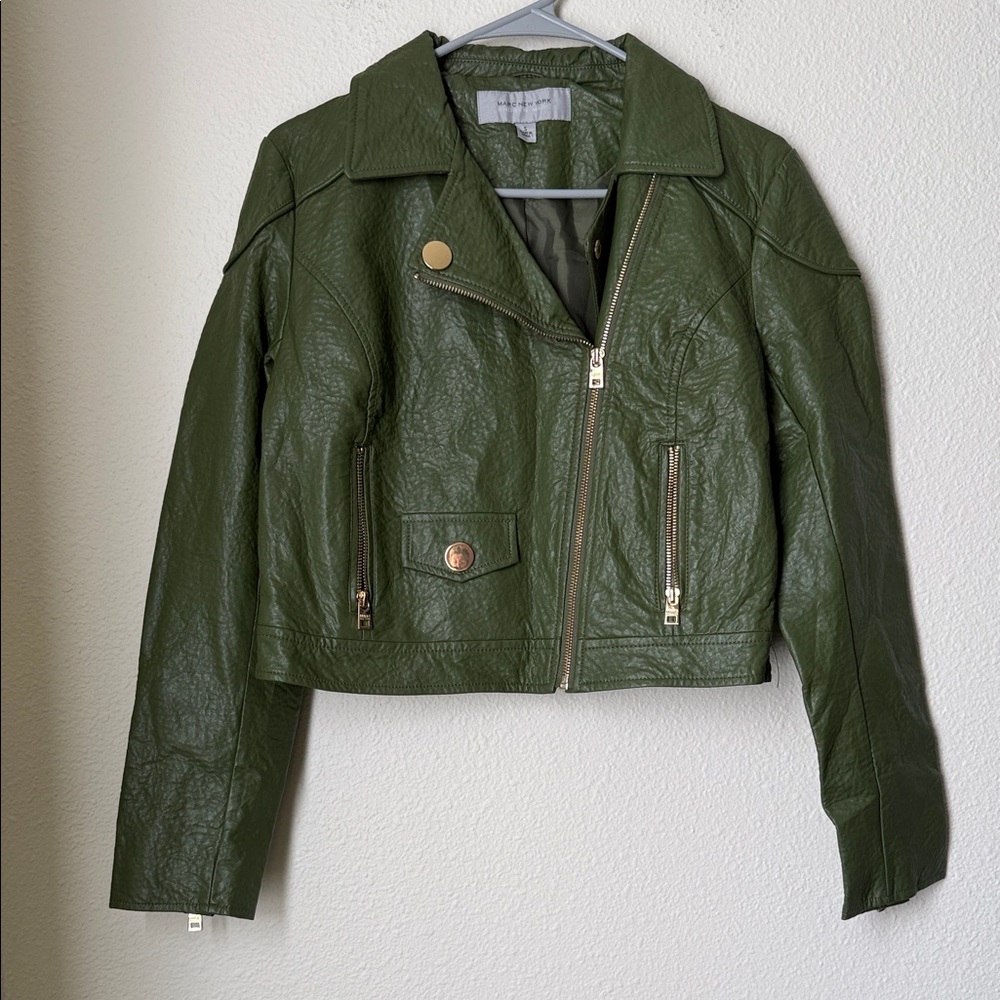 Marc New York Andrew Marc Faux Leather Olive Green Moto Jacket